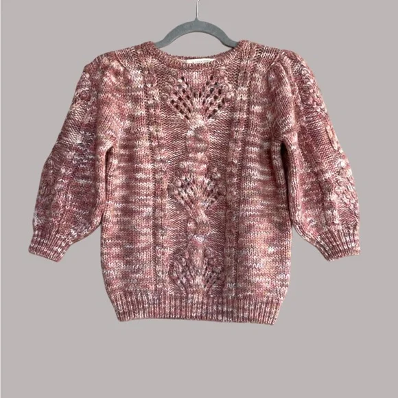 SEZANE Red Mohair Wool Cable Knit Short 3/4 Puff Sleeve Sweater Giulia Jumper XS - Picture 5 of 12